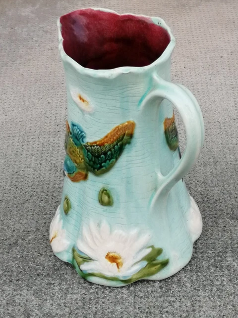Ancien pichet barbotine MARTIN PÊCHEUR faïence majolica FFAS