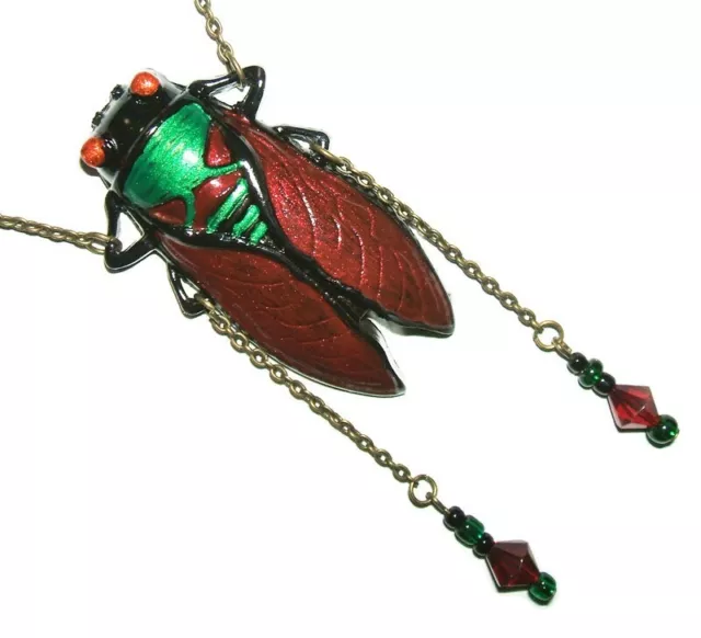 RED CICADA BEETLE Sautoir Necklace Boho Vintage Flapper Style GOOD LUCK SYMBOL