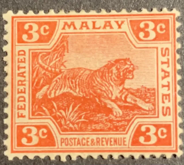 Federated Malay States FMS  Leaping Tiger  SG34b 3c Scarlet Super Fresh MH Stamp