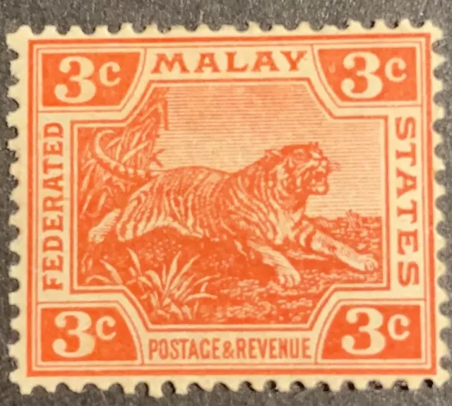 Federated Malay States FMS  Leaping Tiger  SG34b 3c Scarlet Super Fresh MH Stamp