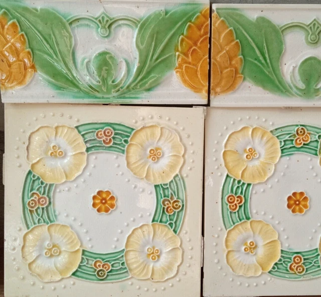 Reclaimed original period antique Belgian Art Nouveau Majolica 12 tile panel