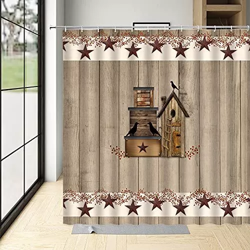 Primitive Country Birdhouse Shower Curtain Texas Star Rustic Wood Barn Door