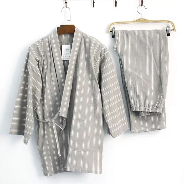 Uomo Giapponese Kimono Set Pigiama Pantaloni Larghi a Righe Cotone Pigiami