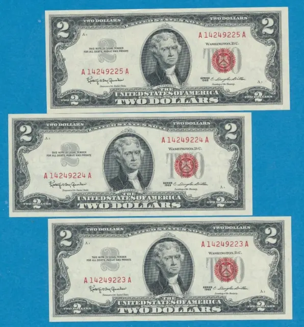3-$2.00 1963 Consecutive Gem Red Seal United States Notes, Dealers Lot