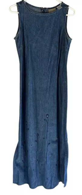 Liz Claiborne Dress 10P Blue Denim Sleeveless Long LizWear Slit Side Embroidered