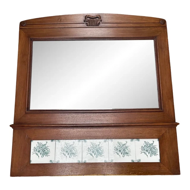 Mid Century Cherry Wood Wall Mirror Bevel Ceramc Tile Green Antique Vintage gyuh