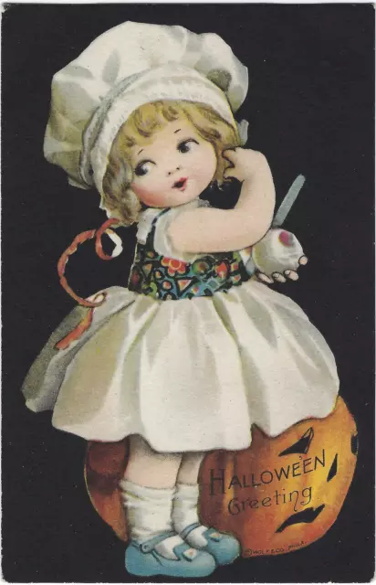 Halloween Clapsaddle Bonnet Girl JOL Apple Peel Antique A/S PC Wolf Vtg c1915