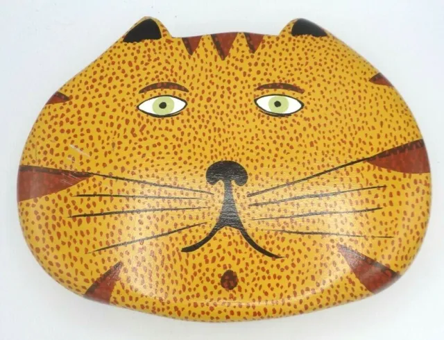 Hand Painted Whimsical Cat Face Wood Box Storage Hand Crafted Signed 10"L