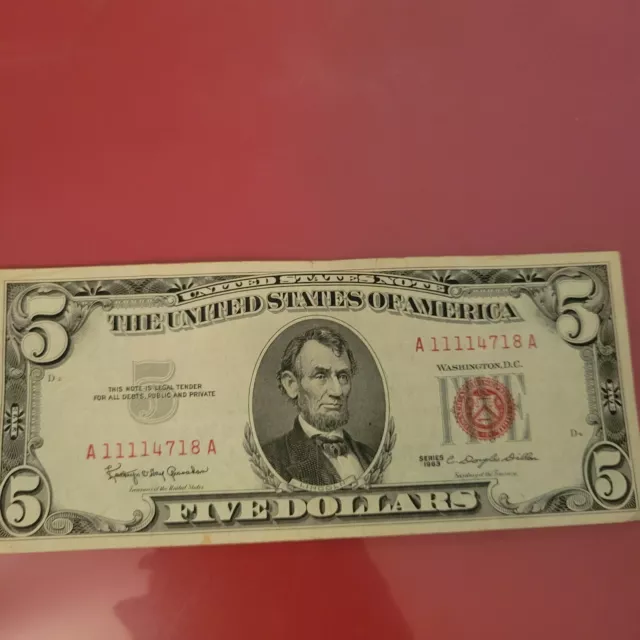 1963 Series $5 Red Seal Circulated Crisp Note -Five Dollar