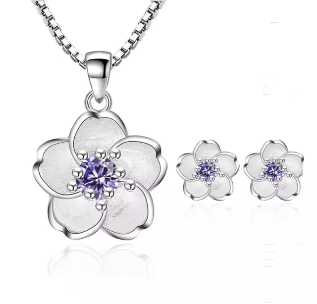 925 Sterling Silver Necklace Earrings Women Purple Crystal Flower Jewelry Set