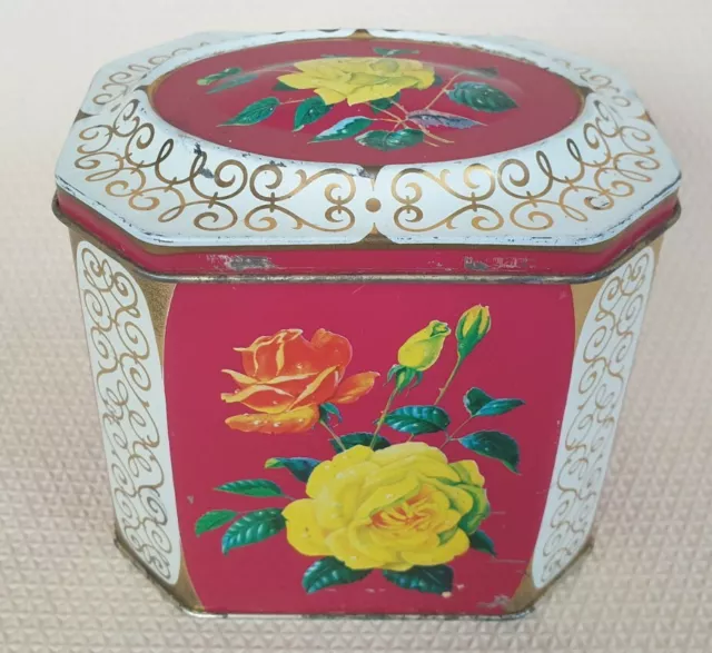 Vintage Floral Multicolour Empty Metal Tin Container Small Made In England 10cm