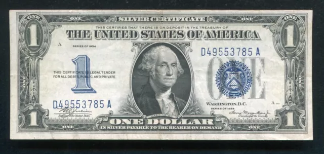 Fr. 1606 1934 $1 One Dollar “Funnyback” Silver Certificate Xf/Au