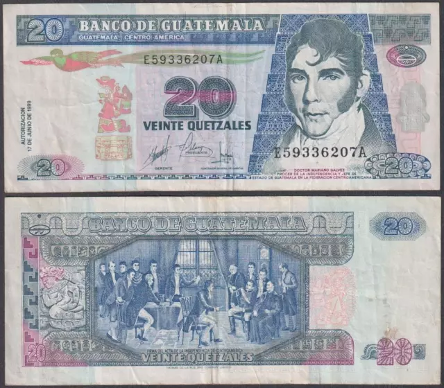 Guatemala, 20 Quetzals, 1999, VF+, P-102