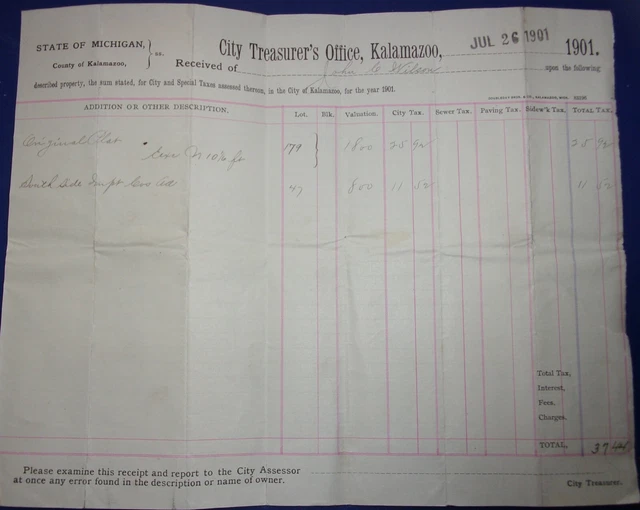 VINTAGE CITY TREASURER’S Office Kalamazoo MI Tax Assessment Document