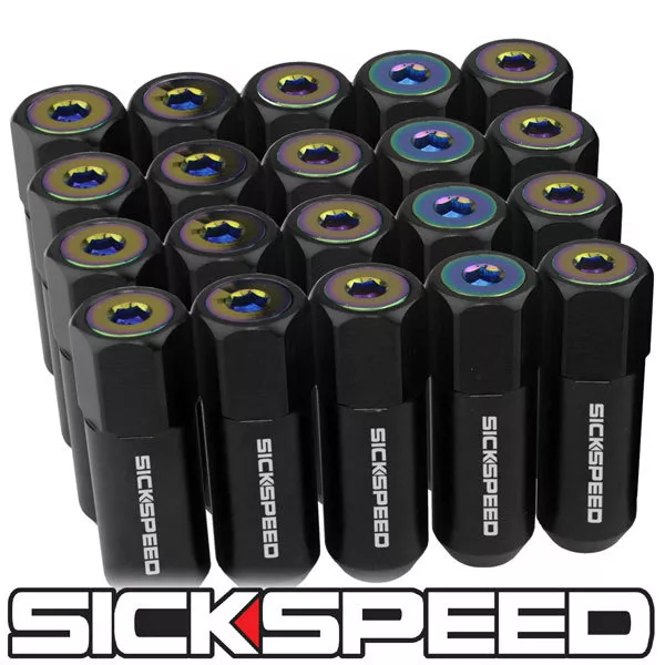 20 Black/Neo-Chrome Capped Aluminum Extended 60Mm Lug Nuts Wheels 12X1.5 L17
