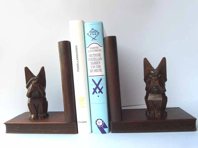2tlg alte Buchständer/ Buchstütze Hund/ Terrier Holz geschnitzt 1950er Jahre G97