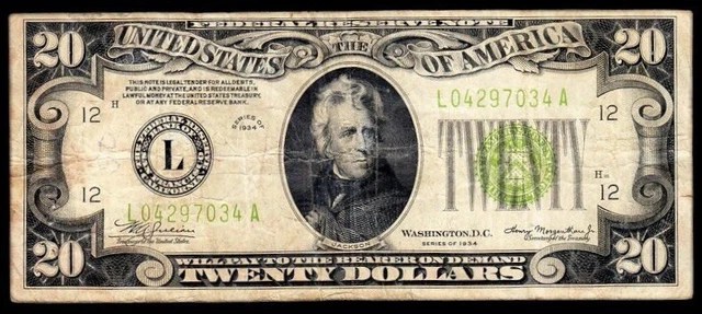 1934 San Francisco $20 LGS (Lime Green Seal) Federal Reserve Note VF Net