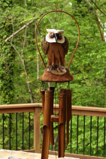 Wooden Handmade Standing Owl Bamboo Wind Chime Bird Hoot Patio Garden Outdoor