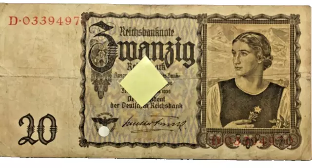 Deutsches Reich 20 Reichsmark 1939 (Schein) Papiergeld Geldschein Banknoten