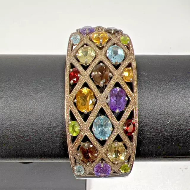 925 Sterling Silver Garnet Amethyst Spinel Citrine Emerald Hinged Cuff Bracelet