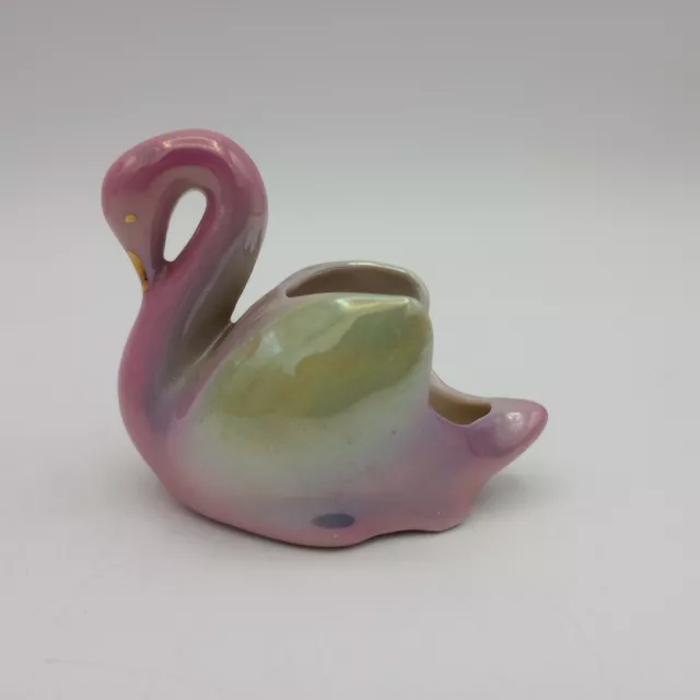 CURIO MINIATURE Pottery Swan Trinket Figurine Opalescent Yellow Pink Purple Vtg