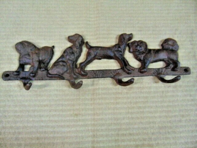 Cast Iron DOG leash Coat 4 Hook Key Rack PUPPY BULLDOG SPANIEL TERRIER LAB