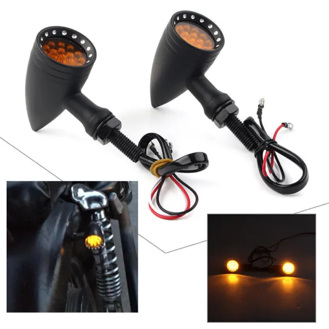 For Harley Honda Motorcycle 2x Black LED Turn Signal Lights Amber