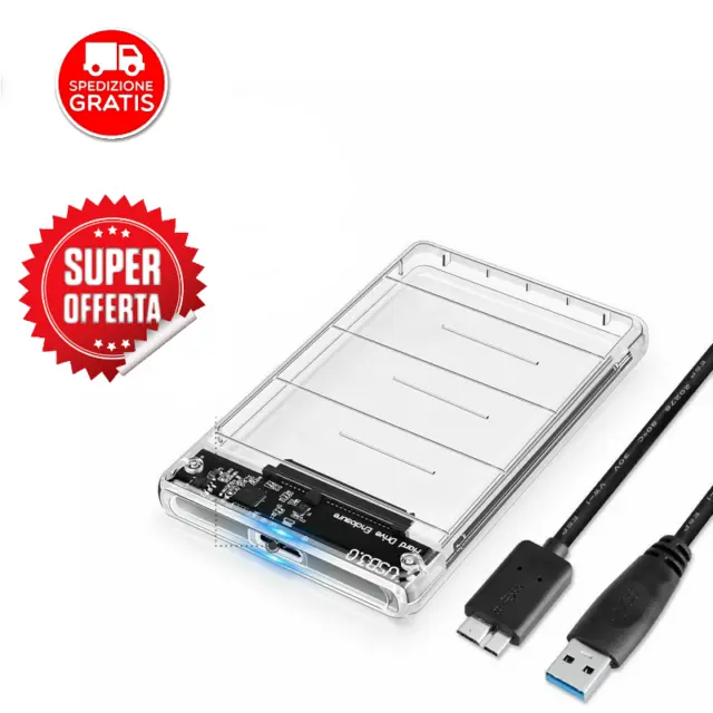 BOX CASE 2,5 HARD DISK SATA USB HDD SATA ESTERNO 3.0 DISCO DRIVE PORTATILE trasp