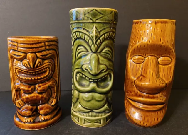 3 Vintage Ceramic Tiki Mug Glass Hawaiian Polynesian Brown Green 6 5/8"