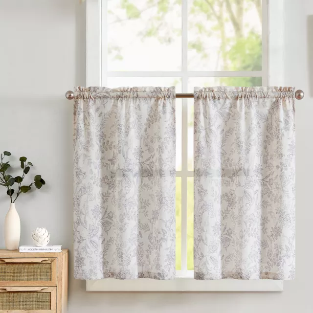 Kitchen Tier Curtains Linen Farmhouse Floral Print Curtain 2 Panels Rod Pocket 3