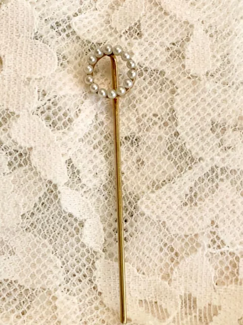 14K Gold Victorian Seed Pearl Hat Pin- Vintage- 2 1/4" Long- 1.5-2mm Pearls