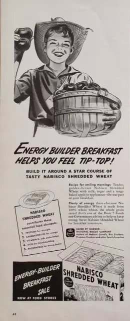 1944 Print Ad Nabisco Shredded Wheat Boy Apples Vintage Basket  WWII