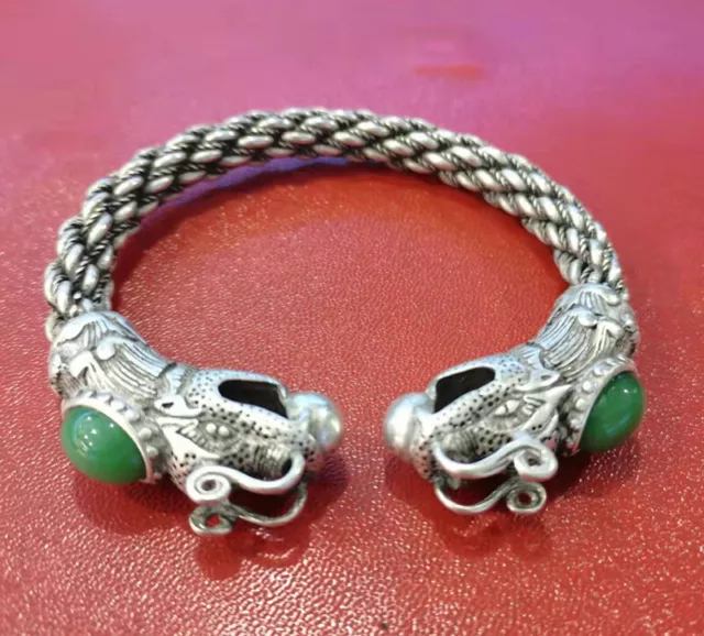 Collectible China Green Jade Tibet Silver Handwork Auspicious Dragon Bracelet L8