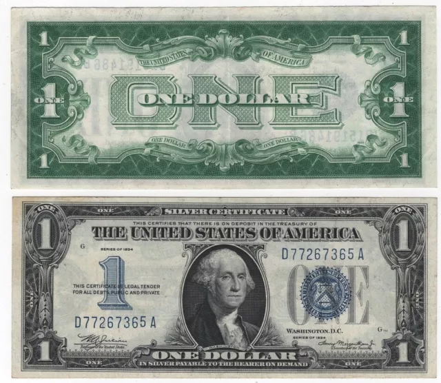 1928 A & 1934 $1 Silver Certificate Blue Seal Funny Back Very Nice Notes