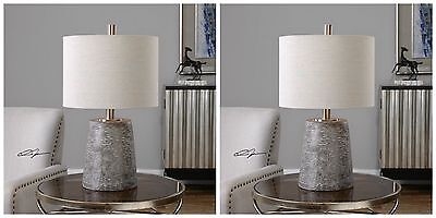 Pair 23" Duron Textured Ceramic Table Lamp Brushed Nickel Metal Uttermost
