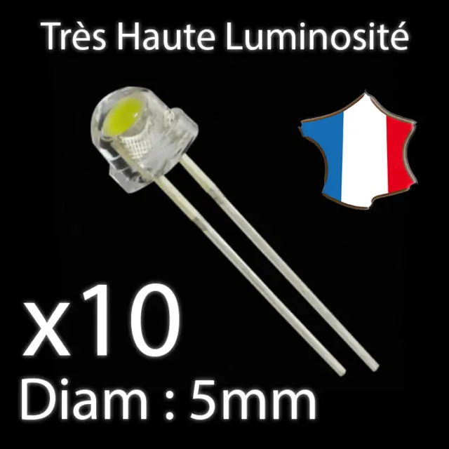 x10 LED Blanc 5mm 0.5W F5 Diode Très Haute luminosité