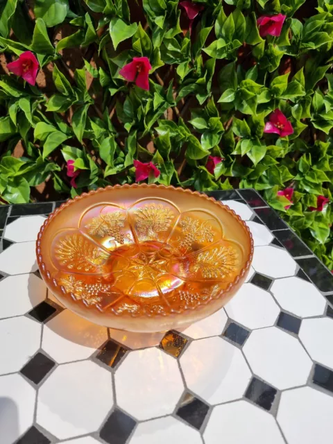 Fenton Carnival Glass Dish Bowl  Peacock & Grape Pattern Sawtooth Edge Footed 3