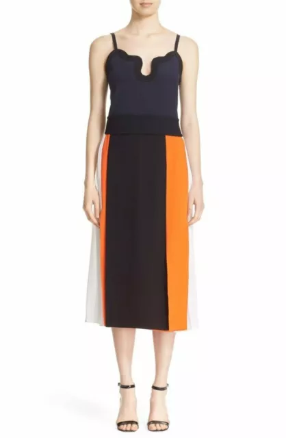 $1200 Victoria Beckham Navy Orange Colorblock Pleated Silk Midi Dress 6 NEW V277