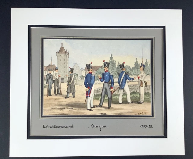 Antique Military Print Swiss Army Training Camp Officers Aargau Switzerland 1827