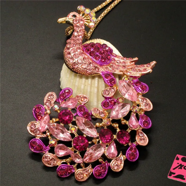 New Betsey Johnson Pink Crystal Peacock Bling Animal Necklace Sweater Chain
