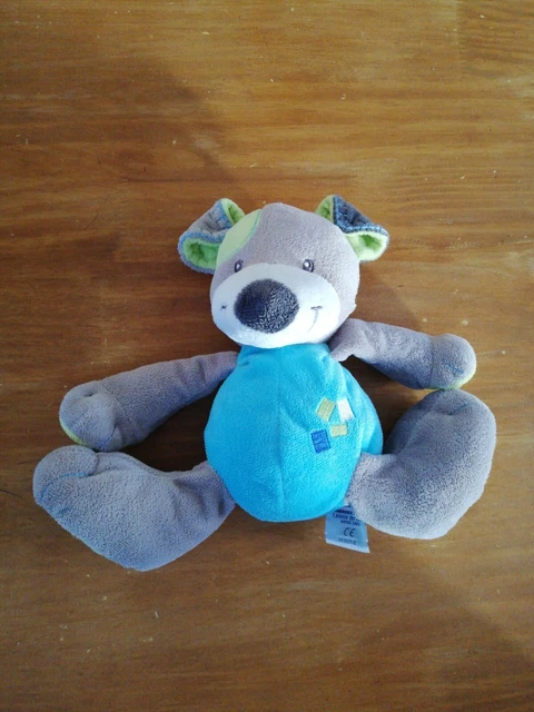 Doudou Peluche Manon Et Valentin Chien Bleu Vert Gris Blanc
