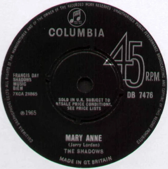 SHADOWS ~ MARY ANNE / CHU-CHI ~ 1965 UK VINYL 7" SINGLE [Ref.1]
