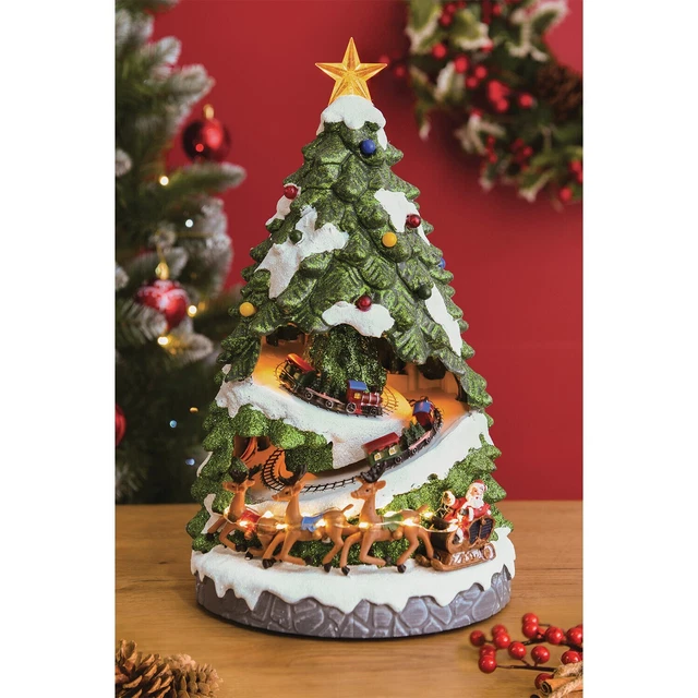 CHRISTMAS VILLAGE SCENE Tree Snow LED Moving Trains Ornament 40cm Santa