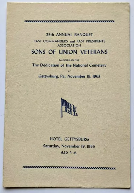 1955 Sons of Union Veterans 25th Annual Banquet Program Hotel Gettysburg PA Menu