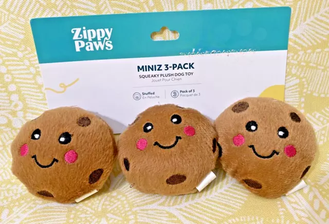ZippyPaws 3-Pack MINIZ COOKIES Chocolate Chip Squeaky Dog Toy New -FREE SHIPPING