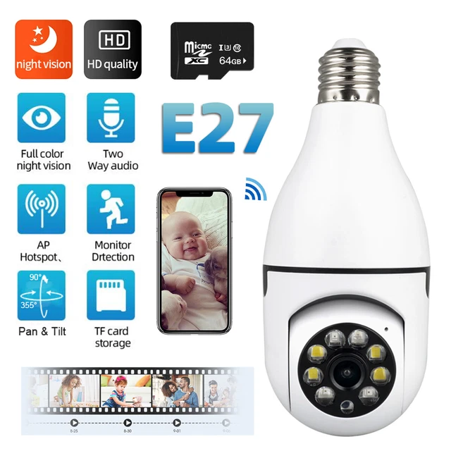 360° Light Bulb WiFi Camera Wireless Home Security Cam Waterproof IR Night Smart