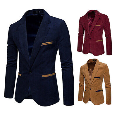 Men Corduroy Work Blazer Jacket Business Casual Button Slim Fit Suit Coat Tops