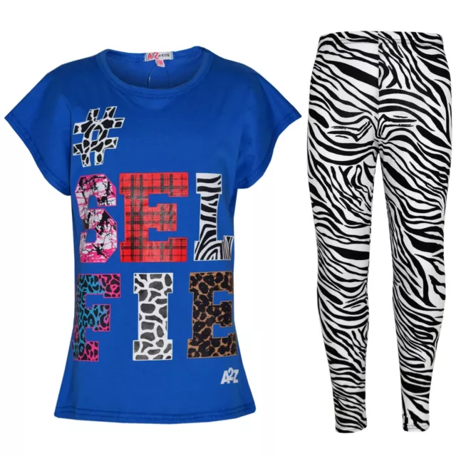 Kids Girls Tops Selfie Print Trendy Royal T Shirt Top & Fashion Legging Set 7-13