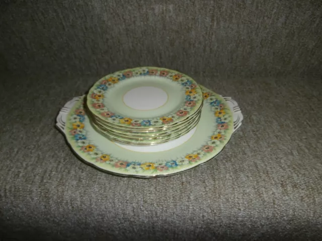 Aynsley Bone China Green Floral Cake Plate And Six Side Plates Set