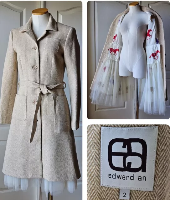 Edward An Size 2 Wool Cashmere Beige Belted Trench Coat Detachable Tulle Skirt